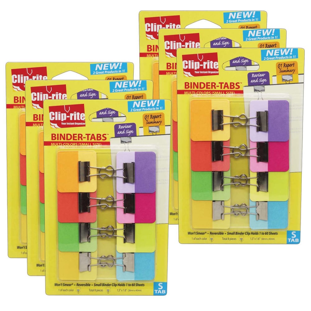 Clip-rite Binder-Tabs, Small, Assorted Colors, 8 Clip-Tabs Per Pack, Set Of 6