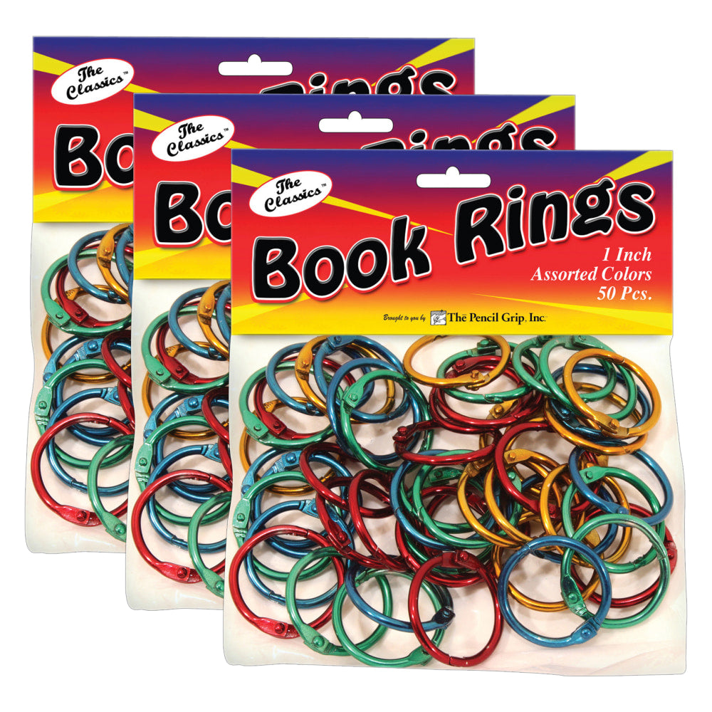 The Pencil Grip Book Rings, 1in, 175-Sheet Capacity, Assorted Colors, 50 Rings Per Pack, Set Of 3 Packs