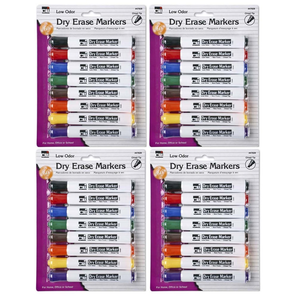 Charles Leonard Dry Erase Markers, Barrel Style, Chisel Point, Assorted, 8 Markers Per Pack, Set Of 4 Packs