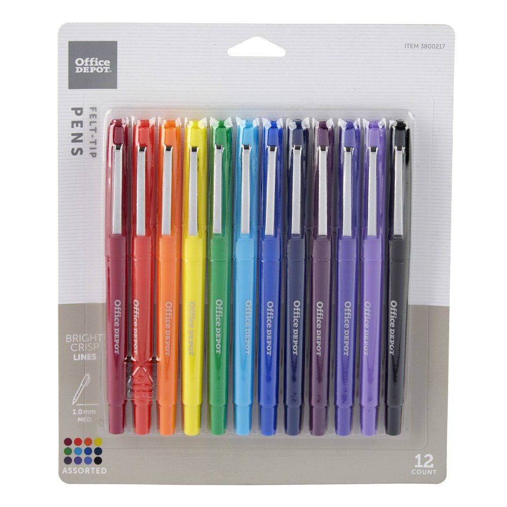 Office Depot Brand Felt-Tip Porous Pens, Medium Point, 1.0 mm, Assorted Barrel Colors, Assorted Ink Colors, Pack Of 12 Pens