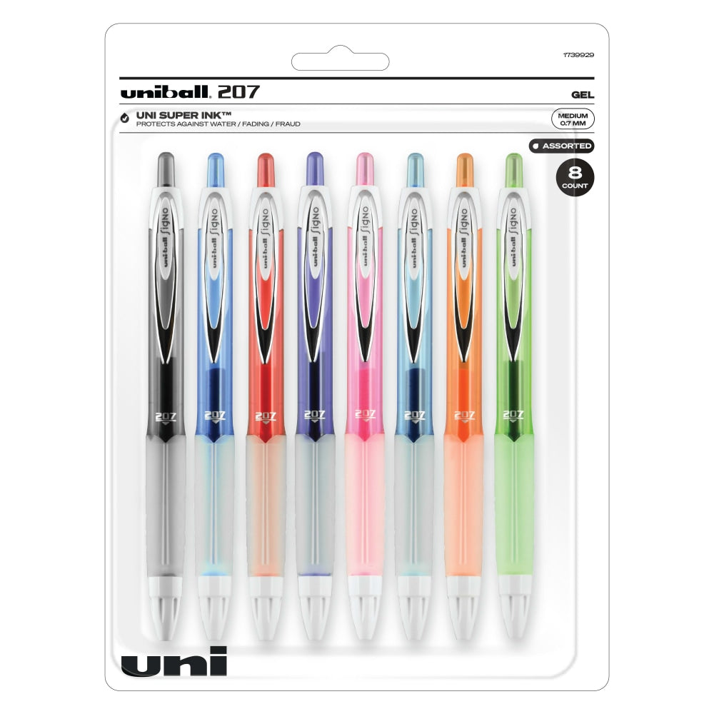 uni-ball 207 Retractable Fraud Prevention Gel Pens, Medium Point, 0.7 mm, Assorted Barrels, Assorted Ink Colors, Pack Of 8