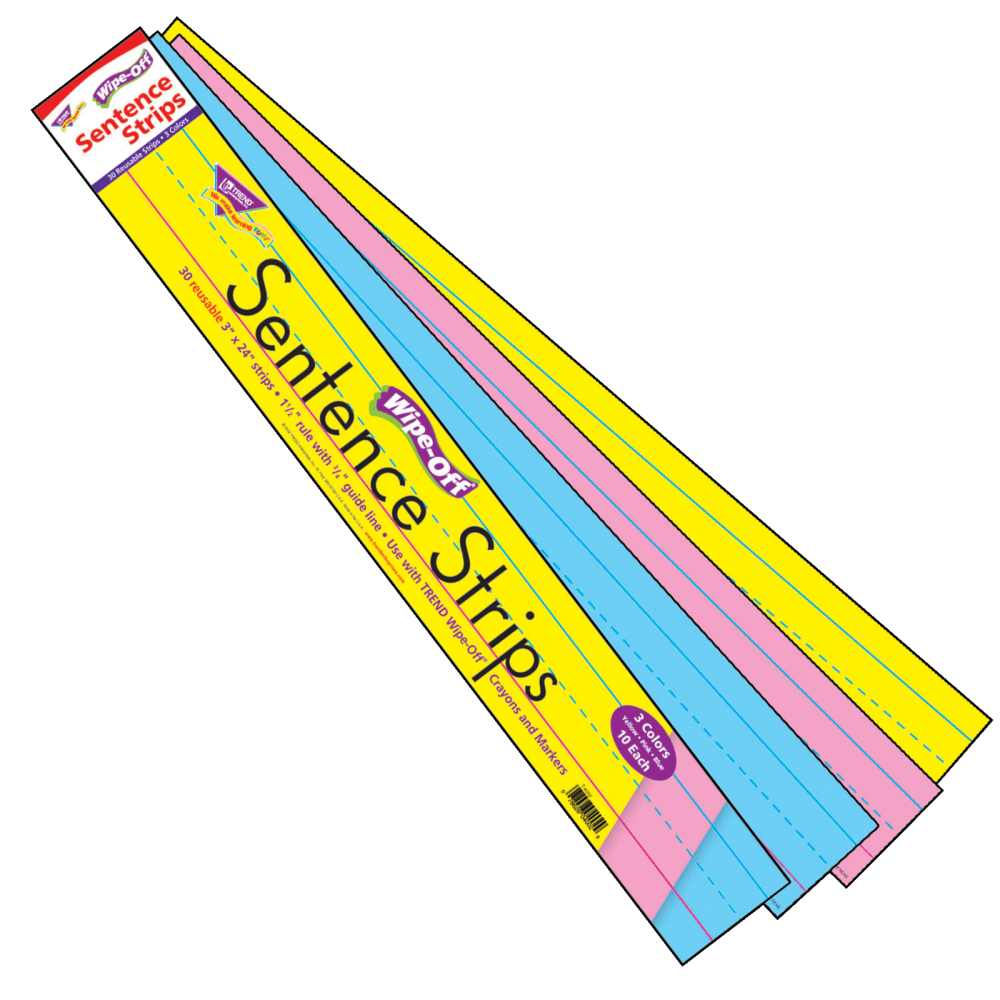 TREND Wipe-Off Sentence Strips, 3in x 24in, Assorted Colors, Kindergarten - Grade 3, 30 Strips Per Pack, Set Of 4 Packs