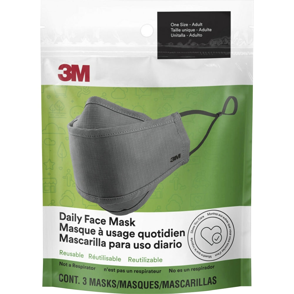 3M Daily Face Masks - Recommended for: Face, Indoor, Outdoor, Office, Transportation - Lightweight, Breathable, Adjustable, Elastic Loop, Nose Clip, Comfortable, Washable - Cotton, Fabric - Gray - 3 / Pack