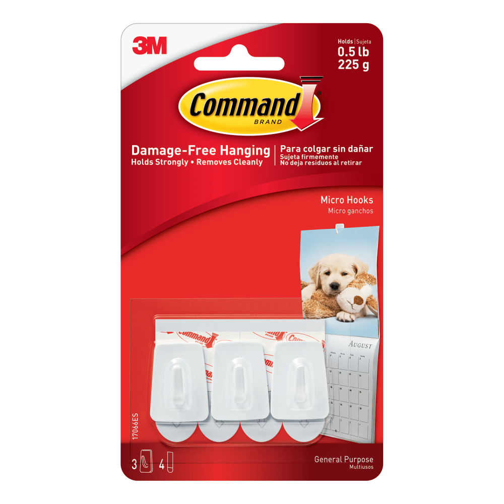 3M Command General Purpose Removable Plastic Hooks, Micro, 0.5-Lb Capacity, Pack Of 3