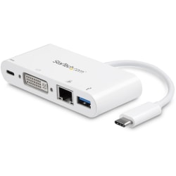 StarTech.com USB C Multiport Adapter - with Power Delivery (USB PD) - USB C to USB 3.0 / DVI / Gigabit Ethernet - USB-C Hub - Charge a laptop through USB Type C and create a workstation wherever you go, with DVI video output, Gigabit Ethernet and USB-A