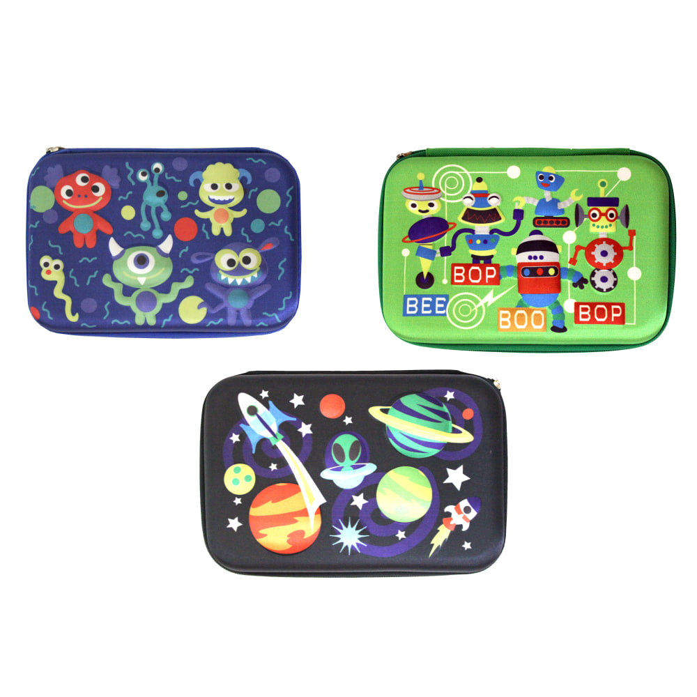 Inkology Plastic Pencil Cases, 6inH x 9inW x 13inD, Assorted Designs, Pack Of 6 Pencil Cases