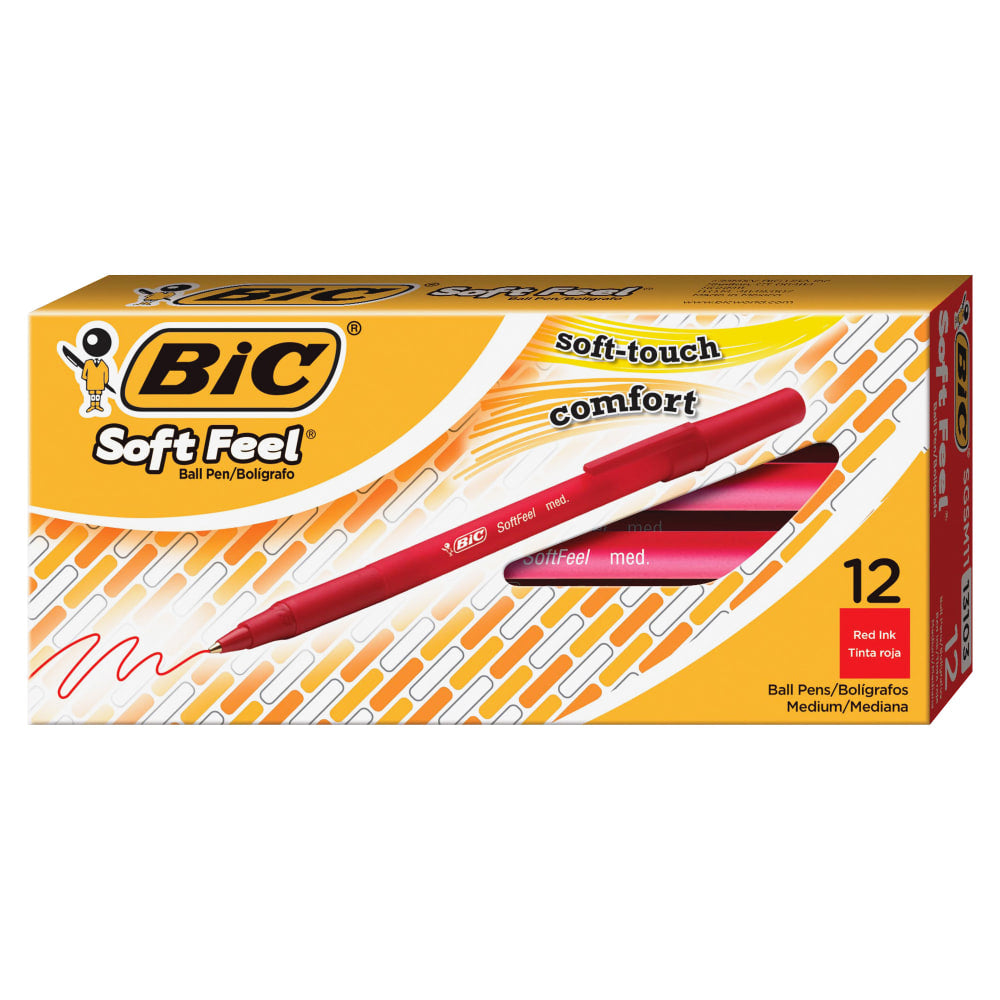 BIC Soft Feel Stick Pens, Medium Point, 1.0 mm, Red Barrel, Red Ink, Pack Of 12