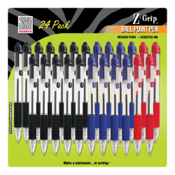 Zebra Pen Z-Grip Retractable Ballpoint Pens, Pack Of 24, Medium Point, 1.0 mm, Translucent Barrel, Assorted Ink Colors