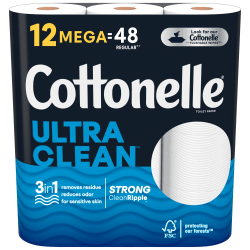 Cottonelle CleanCare 2-Ply Bathroom Tissue, 3in x 3-7/8in, White, 312 Sheets Per Roll, Pack Of 12 Rolls