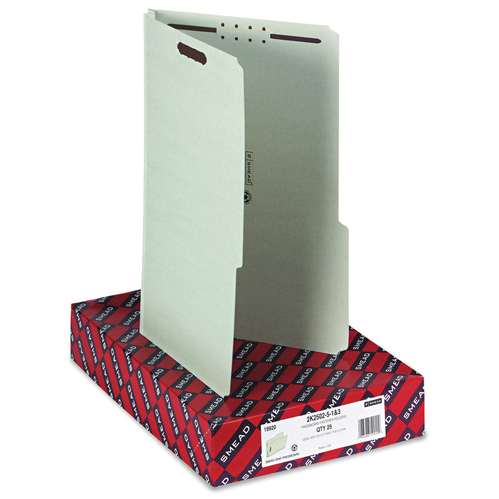 Smead Pressboard Fastener Folders With SafeSHIELD Coated Fastener Technology, 8 1/2in x 14in, Legal Size, Gray/Green, Box Of 25 Folders