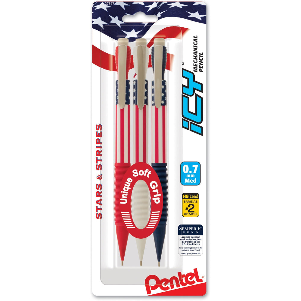 Pentel Stars & Stripes Mechanical Pencils, #2 Lead, Medium Point, 0.7 mm, Red/White/Blue Barrel, Pack Of 3