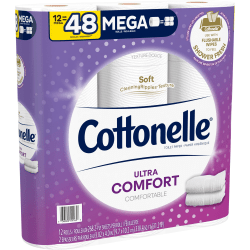 Cottonelle UltraComfort 2-Ply Bath Tissue, 3in x 3-7/8in, White, 268 Sheets Per Roll, 12 Rolls Per Pack, Carton Of 4 Packs