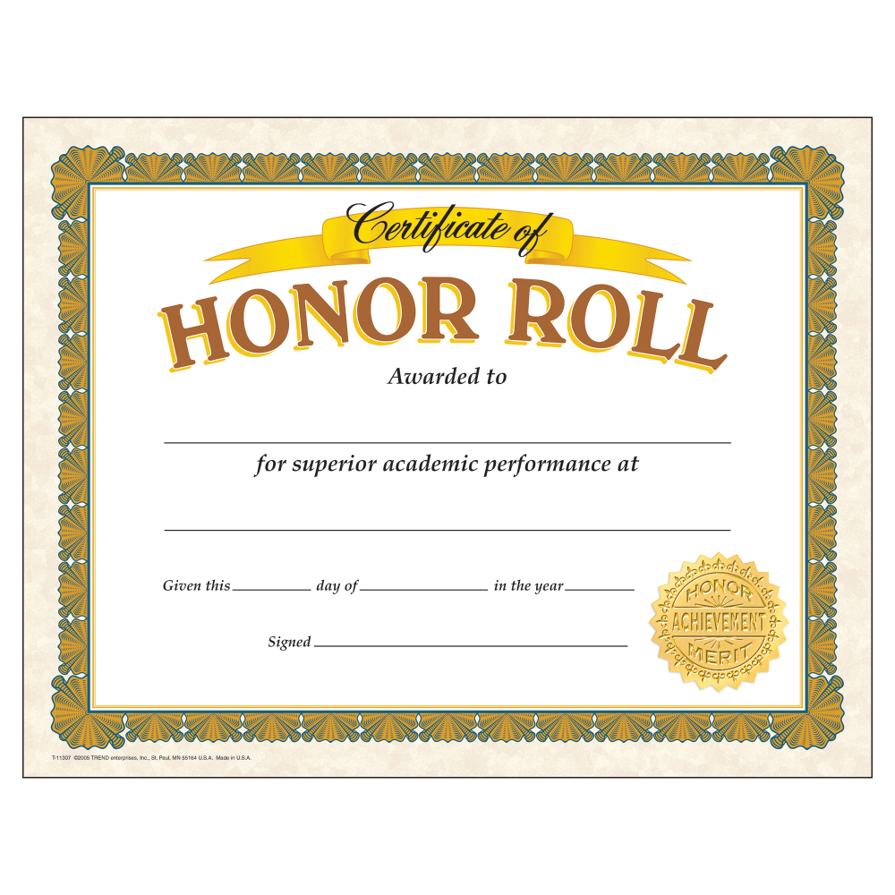 TREND Certificates, Honor Roll, 8 1/2in x 11in, Gold/White, Pre-K - Grade 12, Pack Of 30