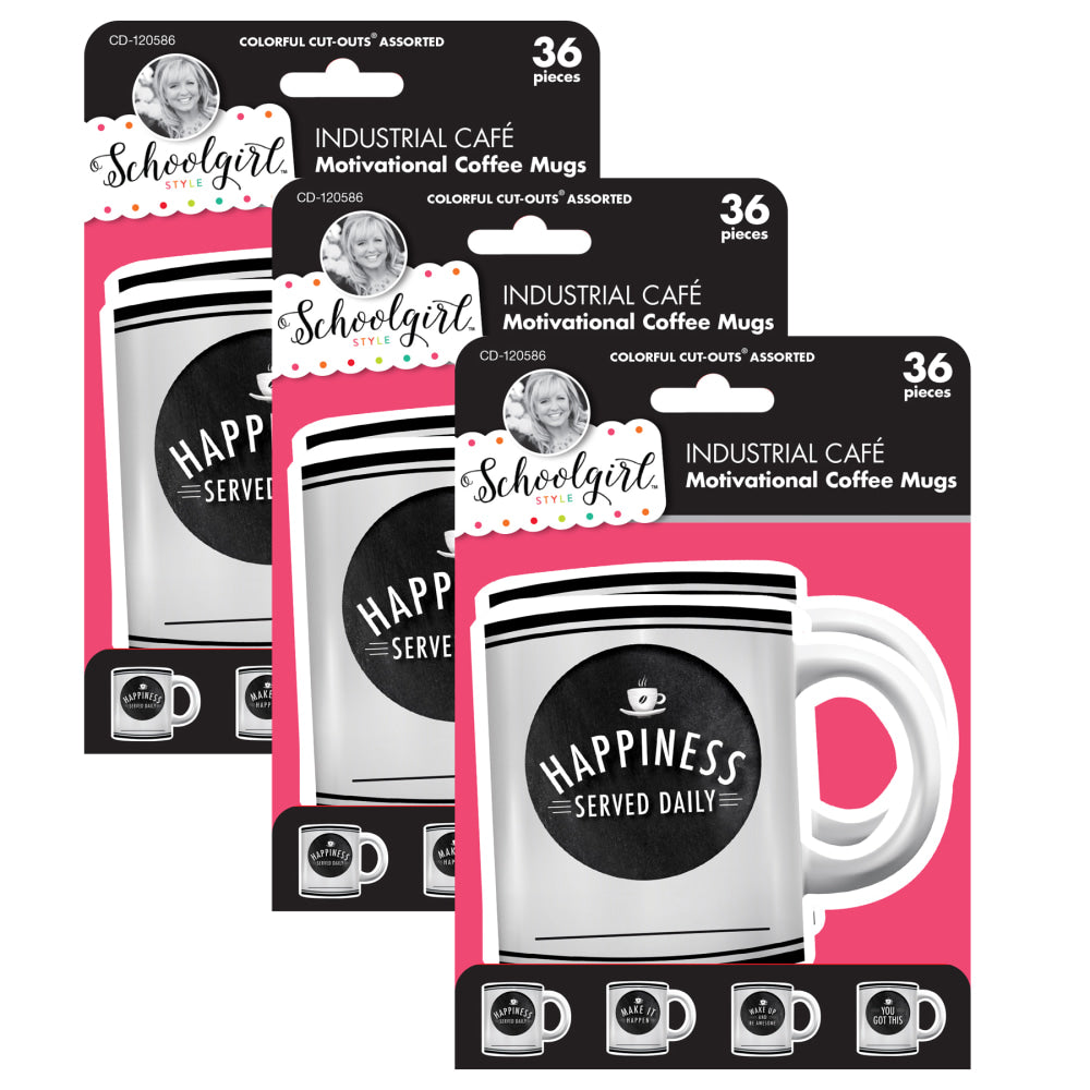 Carson Dellosa Education Cut-Outs, Schoolgirl Style Industrial Cafe Motivational Coffee Mugs, 36 Cut-Outs Per Pack, Set Of 3 Packs