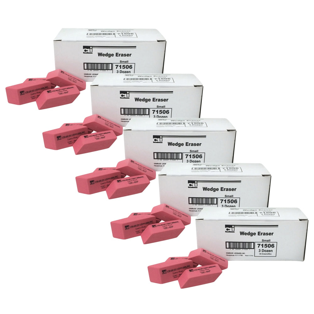 Charles Leonard Synthetic Latex-Free Rubber Wedge Erasers, Pink, 36 Erasers Per Box, Pack Of 5 Boxes