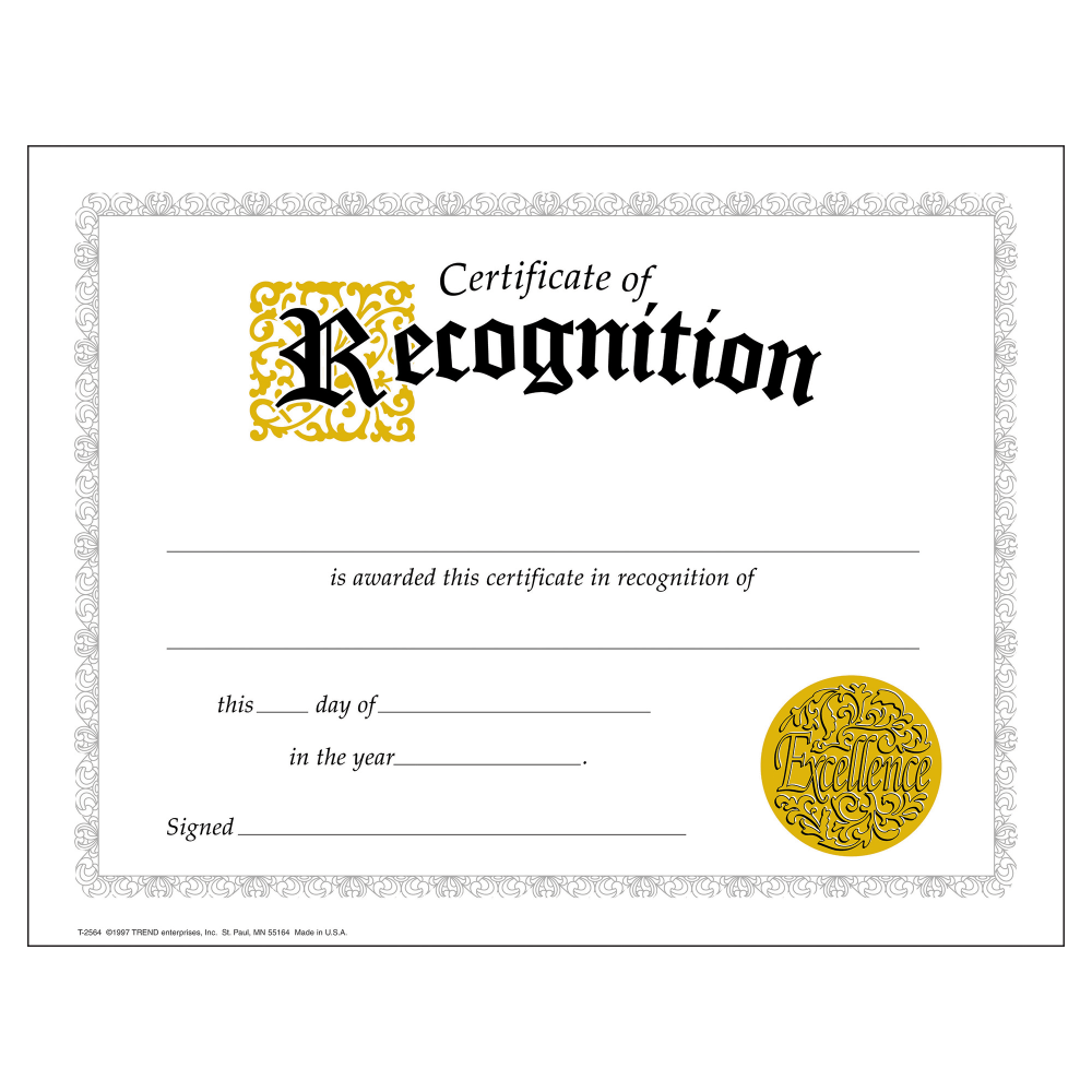 TREND Certificate of Recognition Classic Certificates, 8 1/2in x 11in, Multicolor, Pack Of 30