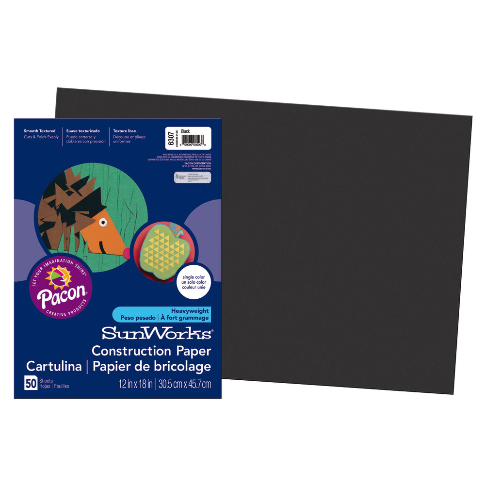 SunWorks Construction Paper, 12in x 18in, Black, Pack Of 50