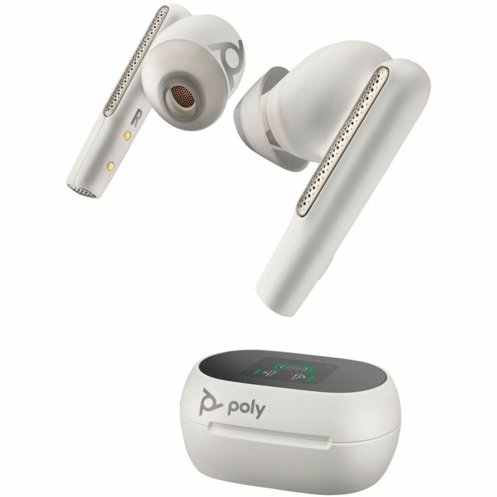 Poly Voyager Free 60+ UC Earset - Stereo, Mono - USB Type A - True Wireless - Bluetooth - 98.4 ft - 20 Hz - 20 kHz - Earbud - Binaural - In-ear - Noise Canceling - White Sand