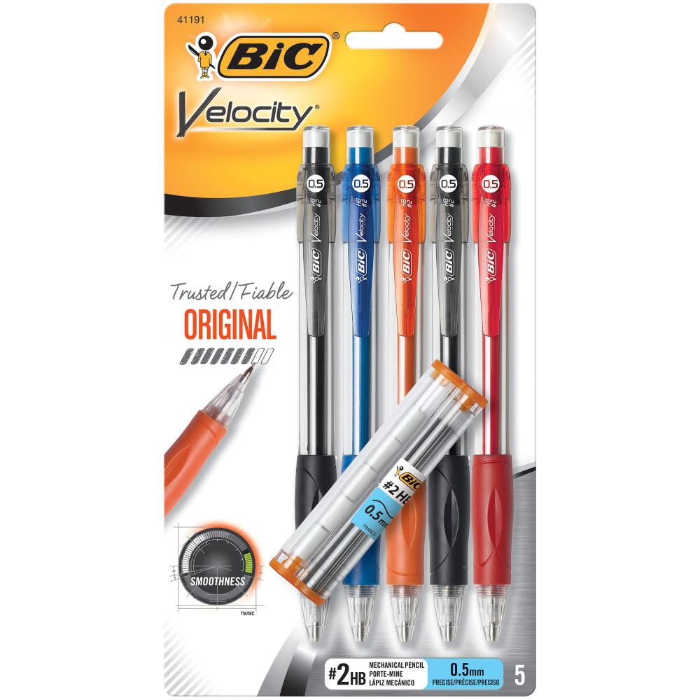 BIC Velocity Original Mechanical Pencils, 0.5 mm, Assorted Barrel Colors, Pack Of 5